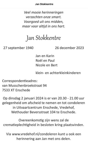 Jan Stokkentre – rouwkaart